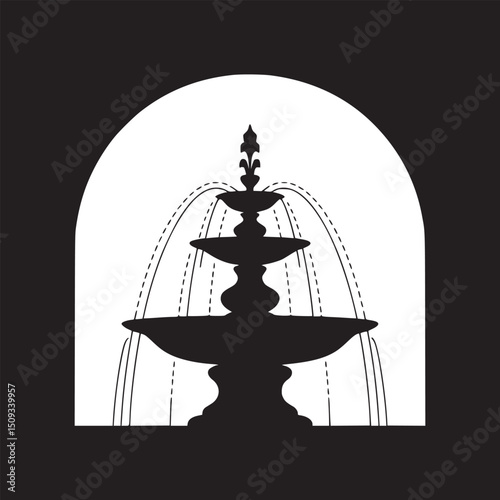 Silhouette of a tiered fountain with water streams against a bright arched background design