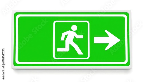 Green illuminated exit sign indicating direction towards emergency escape route