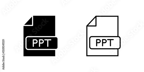 PPT File Icon Collection, a paper with a "PPT" label in outline and glyph styles. Represents presentations or documents. Perfect for office design.