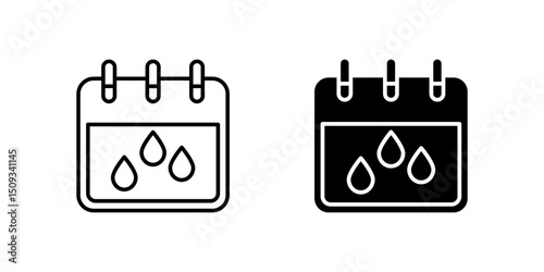 Rainy Calendar Icon Collection, a calendar with raindrops in outline and glyph styles. Represents weather updates or scheduling. Perfect for app design.