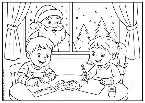 Coloring  page Christmas holiday Kids Writing Letters to Santa