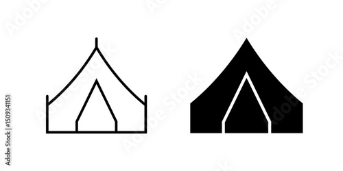 Tent Icon Collection, a tent with stakes in outline and glyph styles. Represents camping or outdoor adventure. Perfect for travel design.
