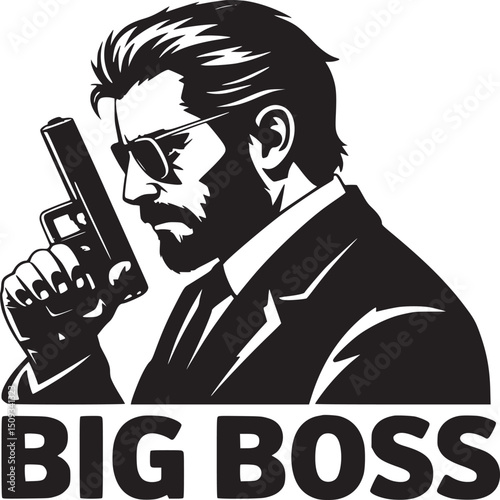 Illustration of a man in suit and sunglasses holding a gun with the words big boss below him