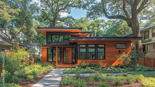 Modern house with a sloped roof, wood siding, and large windows. Lush landscaping surrounds the home