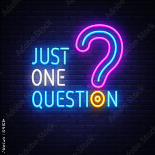 Quiz neon sign with question mark. Vector illustration featuring glowing text JUST ONE QUESTION on dark background.