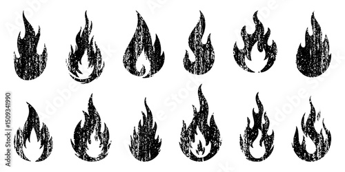 Set of black grunge fire flame icons with distressed texture. Vector flame symbols in rough vintage style for labels, signs, posters, or graphic design on white background.