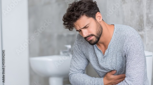 A man is seated on a toilet with a pained expression on his face, indicating he is suffering from abdominal discomfort. The bathroom is modern and minimalistic with gray tones