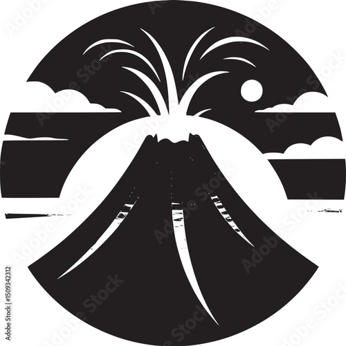 A stylized volcano erupting with lava against a sunset background in a circular composition