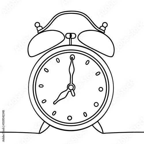 Classic alarm clock illustration. Simple alarm clock design with bells and hands showing seven oclock.  Alarm clock image perfect for time management or morning routine concepts.