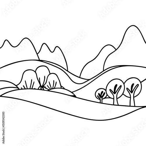 Simple landscape illustration with rolling hills and trees. This idyllic scene is perfect for children's books, coloring pages, or educational materials.