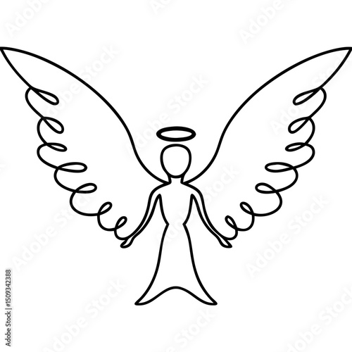 Serene angel with halo and large wings. Elegant illustration of celestial being with halo and wings. Simple line art of angel for spiritual designs, religious imagery, or tattoo concepts.
