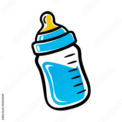 Cute baby bottle with blue liquid and yellow nipple. Baby bottle illustration perfect for baby shower invitations and announcements.
