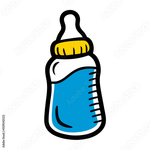 Cute baby bottle with blue liquid and yellow nipple. Baby bottle illustration perfect for baby shower invitations, nursery decor, and children's products.