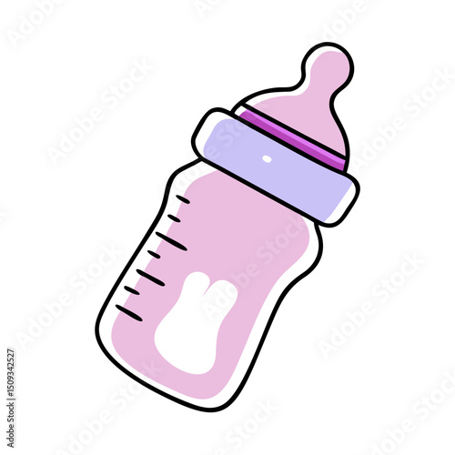 Pink baby bottle for newborn. Cute baby bottle with nipple and measuring lines. Adorable baby bottle design for baby shower invitations and announcements.