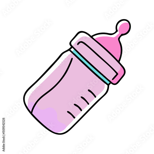 Pink baby bottle with pink nipple and turquoise ring. Adorable baby bottle illustration perfect for baby shower invitations, announcements, or nursery decorations.