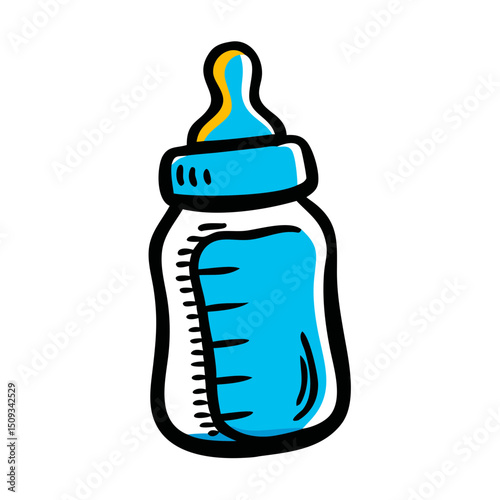 Baby bottle illustration, cute blue baby bottle with nipple and measurements.  Perfect baby bottle image for baby products, websites, and apps.