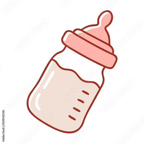 Baby bottle with milk, pink nipple and measuring lines.  Newborn baby bottle, perfect for feeding, made of glass.  Cute baby bottle illustration for baby shower invitations, announcements,