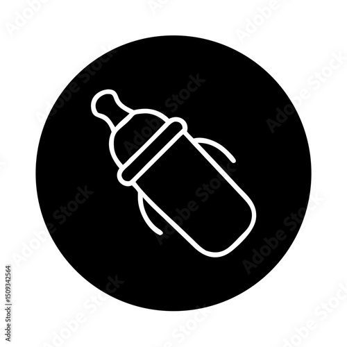 Baby bottle icon on black circle background. Simple baby bottle illustration for newborn care products.  Stylish baby bottle graphic for parenting websites and baby shops.