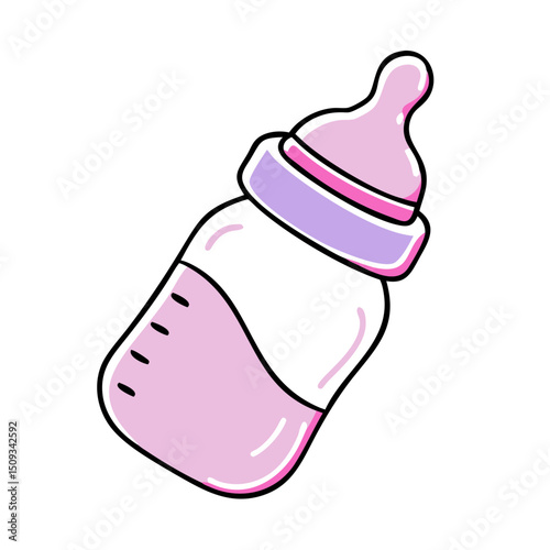 Cute baby bottle with pink nipple and lilac ring. Adorable baby bottle illustration for baby shower invitations or announcements. Perfect baby bottle image for newborn products.