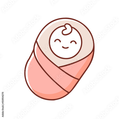 Newborn baby wrapped in pink blanket illustration. Sweet baby swaddled in soft fabric for newborn announcements.  Adorable baby image perfect for baby shower invitations and cards.