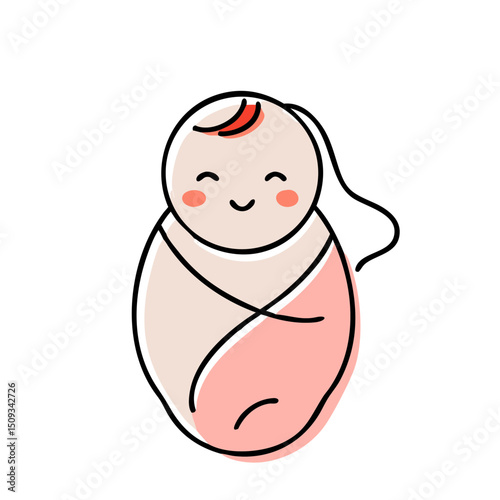 Adorable baby wrapped in soft pink blanket. Newborn swaddled in cozy fabric for sweet dreams. Peaceful baby illustration for baby shower invitations, announcements, and nursery decor.