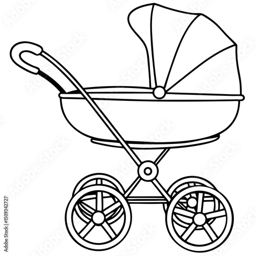Stylish baby stroller design for nursery decorations. Modern baby carriage illustration perfect for baby shower invitations or announcements.  Elegant baby stroller graphic for children's room decor.