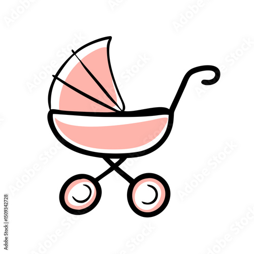 Pink baby stroller illustration. Cute baby carriage design perfect for baby shower invitations or announcements.