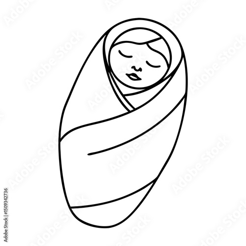 Newborn baby wrapped in soft blanket, peaceful sleep, swaddled infant, tender moment.  Newborn baby is snug and secure in its blanket.