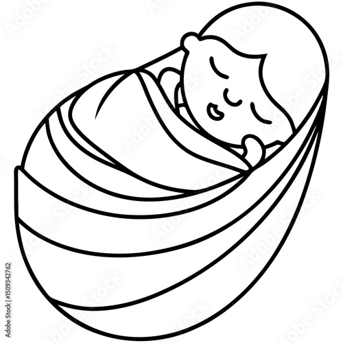 Newborn baby wrapped in soft blanket sleeping soundly. Peaceful baby wrapped in cozy swaddling blanket. Sweet baby image perfect for baby shower invitations and announcements.