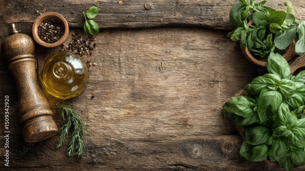 A variety of fresh herbs including basil and mint are displayed alongside a bottle of oil and pepper grinder on a rustic wooden surface. This setting suggests culinary preparations A variety of fresh herbs including basil and mint are displayed alongside a bottle of oil and pepper grinder on a rustic wooden surface. This setting suggests culinary preparations