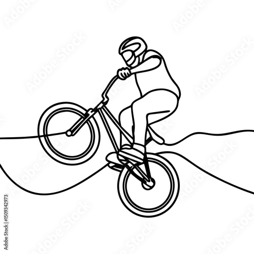 BMX biker performing an exciting jump over hill. BMX biker shows impressive skills and adrenaline. Dynamic BMX biker image perfect for sports magazines, posters and websites.