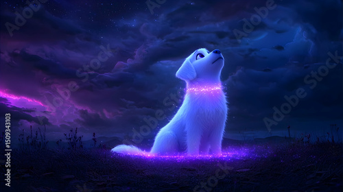 Fluffy White Dog Under a Starlit Sky
