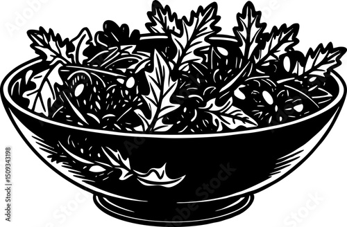Silhouette of a bowl of salad with leaves sticking out.