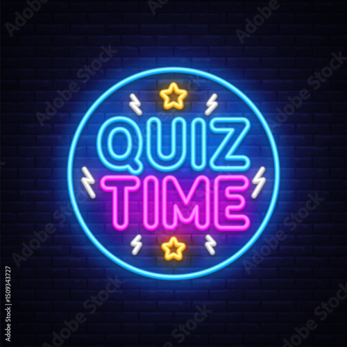 Quiz neon sign, glowing game night design. Vector illustration with vibrant text QUIZ TIME in neon style on dark background. Ideal for trivia, education, and entertainment visuals