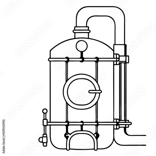 Industrial boiler system diagram. Detailed technical drawing of boiler equipment shows pipes, valves, and pressure gauge. This industrial boiler illustration is perfect for engineering manuals,