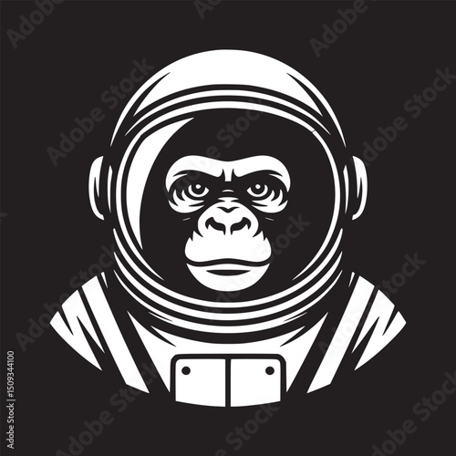 A stylized illustration of a monkey wearing a space suit in black and white on a black background