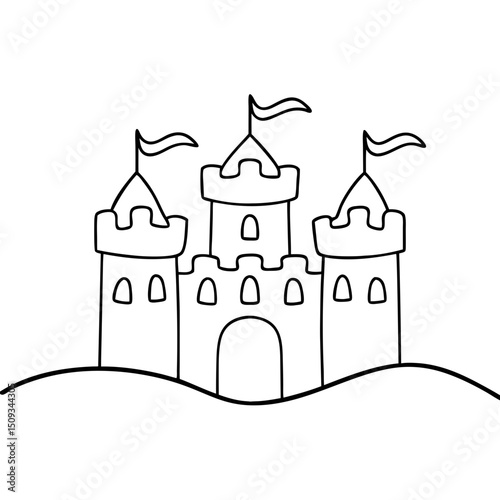 Cartoon castle illustration with three towers and flags. This cute fairytale castle image is perfect for children's books, greeting cards, and party invitations.
