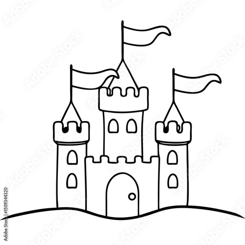 Fairytale castle with waving flags. Charming castle illustration perfect for children's book, greeting card, or fairytale themed design.