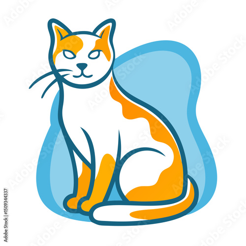 Adorable calico cat sitting peacefully on blue background. This charming feline image is perfect for pet adoption websites, veterinary clinics, and cat-themed products. Cat sitting peacefully,