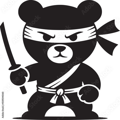 A black and white illustration of a bear dressed as a ninja holding a sword in its hand
