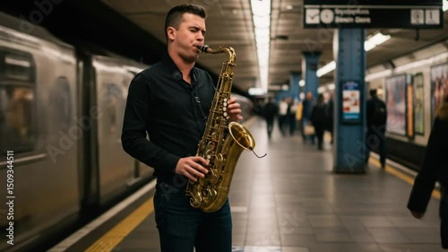 Saxophonists soulful serenade echoing through subway station