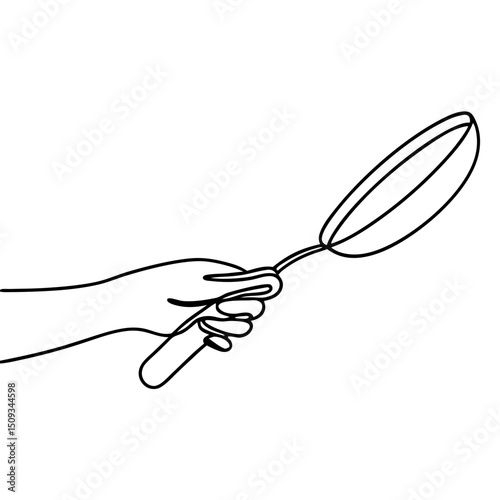 Cook flipping pancake in frying pan.  Person hand holds kitchen utensil flipping pancake. Simple line art cooking concept for recipe book, food blog, or culinary website.