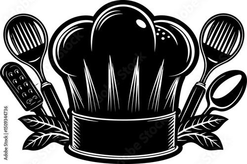 Silhouette of a chef's hat with kitchen utensils.