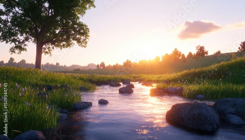 Sunrise meadow stream landscape