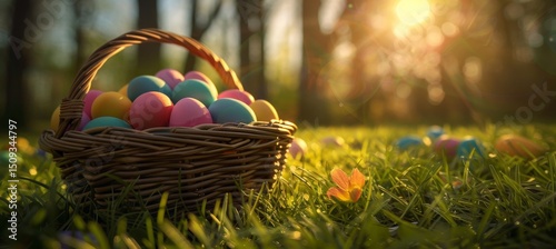 Family s backyard ready for easter egg hunt with colorful decorations and filled baskets