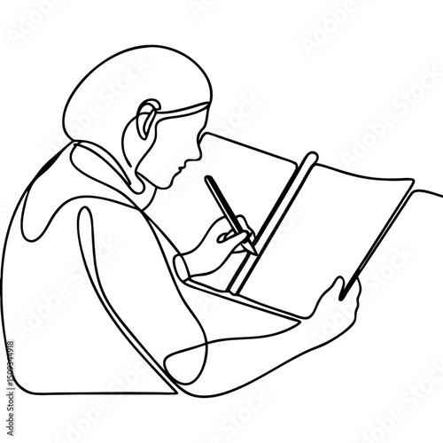 Designer sketching on pad.  Creative person working on new project, drawing ideas and concepts.  Stylish illustration of designer with sketchpad for branding and advertising.