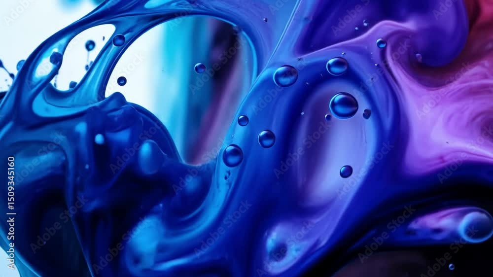 Close up of a blue and purple water splash with droplets against a colorful background design