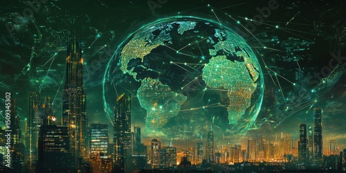 A digital art representation of the Earth with global network connections linking cities across continents, symbolizing connectivity and futuristic technology in city lighting background Generative AI