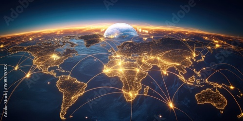 A digital map of the world with glowing connections between cities, representing global connectivity and technology's impact on society Generative AI