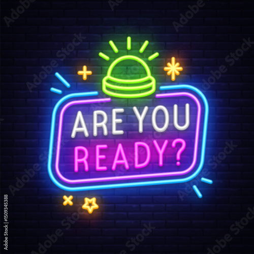 Quiz neon sign with buzzer and stars. Vector illustration with glowing button and text ARE YOU READY on dark wall. Perfect for quiz shows, games, and event intros